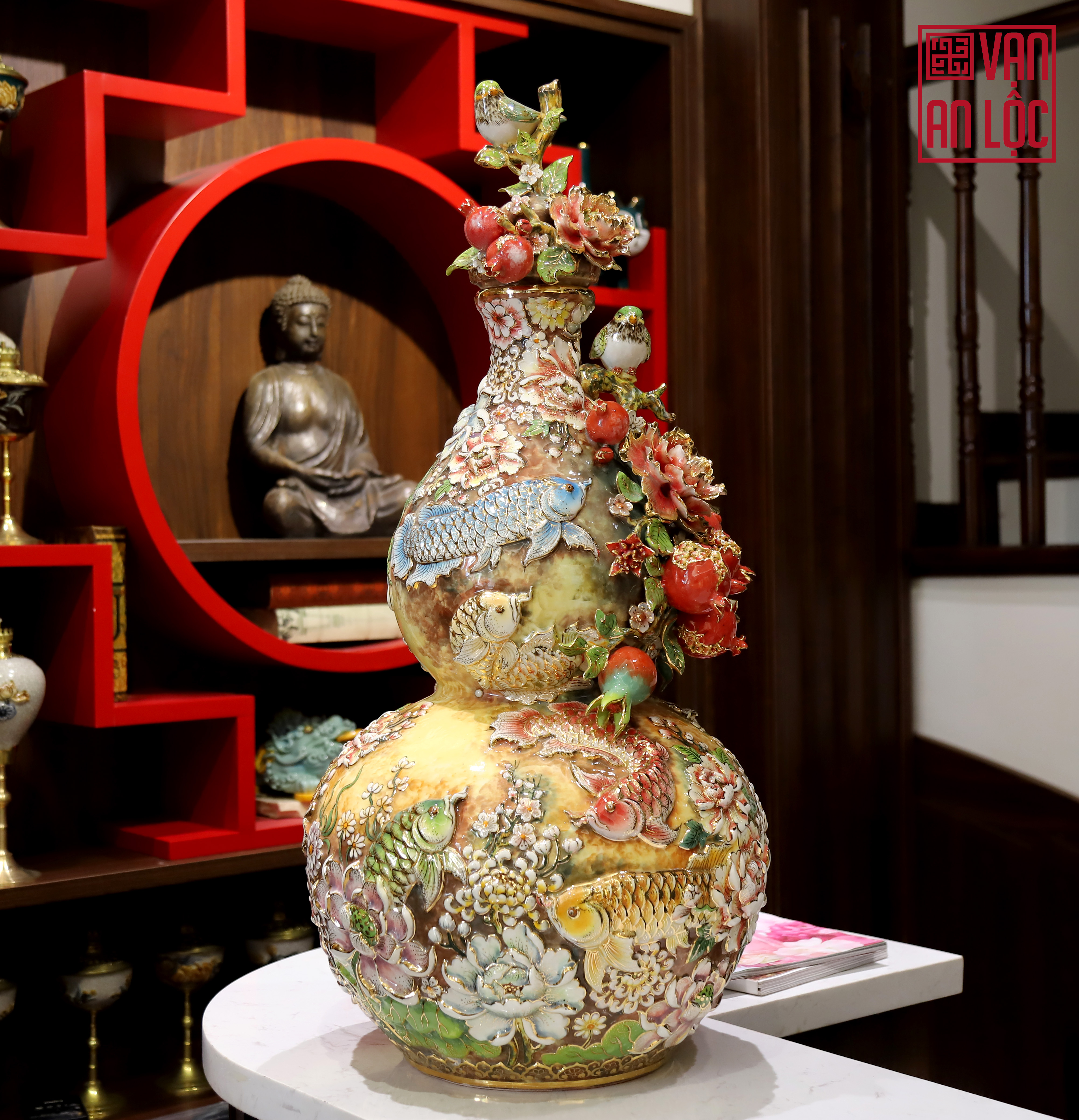 Hồ Lô Gốm Kim Long Ngàn Hoa Men Vân Mây Vẽ Vàng Bát Tràng